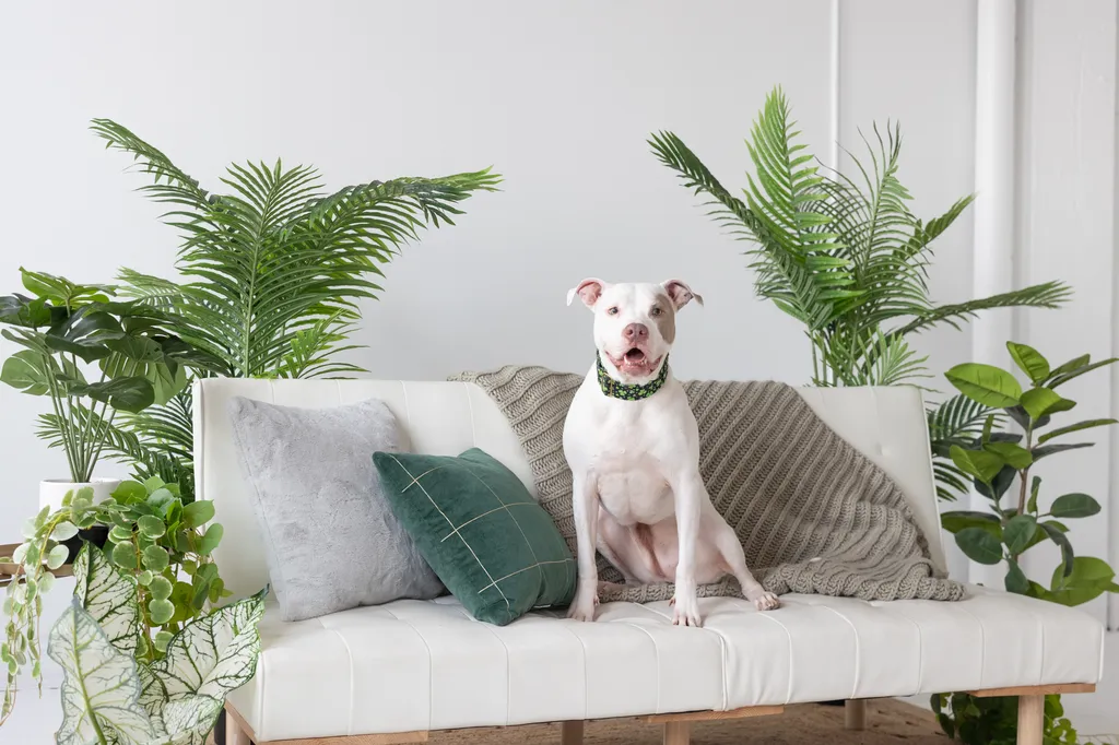 white dog sitting on white couch in a studio in minneapolis