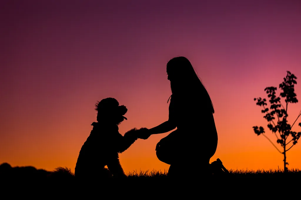 silhouette of dog and female shaking