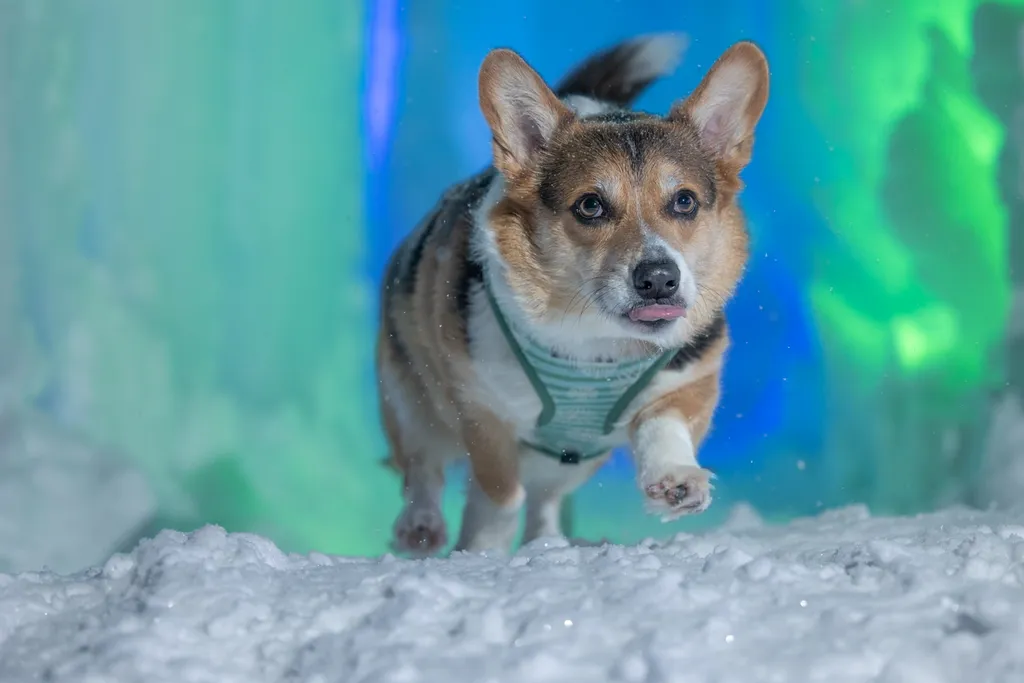 corgi walking in ice palace sticking tongue out