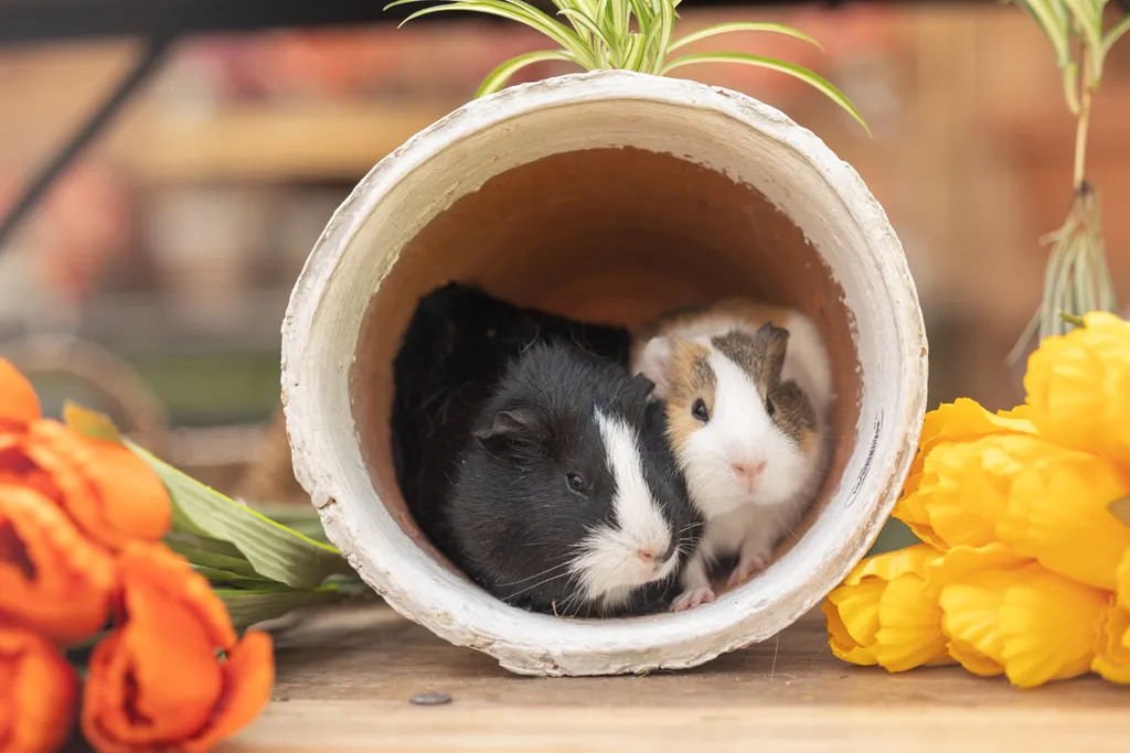 guinea pigs inside pot by flowers